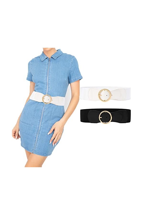 WELROG 2 Pièces Ceinture Élastique pour Femme - Large Ceinture Vintage pour Robe, Chemises Ceintures de Mode pour Dames Noir