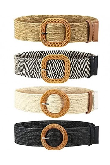 XiYee 4 Pièces Ceinture en Paille Tissée Femme Ceinture Fine Élastiquée Ceinture de Robe Stretch Tressée avec Boucle de Coule