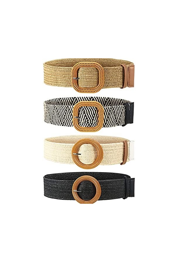 XiYee 4 Pièces Ceinture en Paille Tissée Femme Ceinture Fine Élastiquée Ceinture de Robe Stretch Tressée avec Boucle de Coule