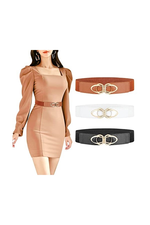 XiYee 3 Pièces Ceinture Elastique pour Femmes, Ceinture Extensible Vintage avec Boucle Métallisée, Large Ceinture Rétro pour 