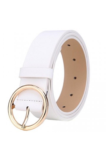 MESHIKAIER Elegant Ceinture Femme en PU Cuir Casual Ceinture avec Boucle Métallique en Forme de Rond Blanc 