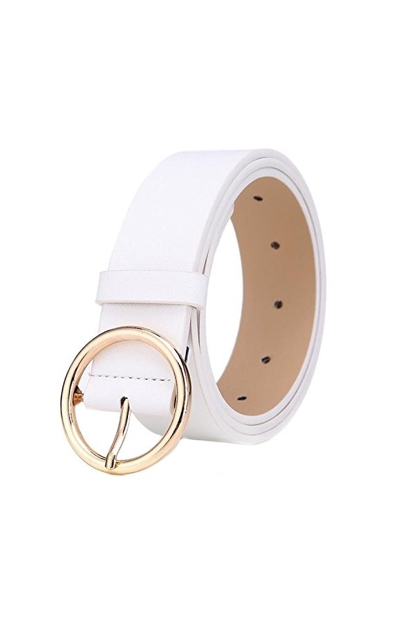 MESHIKAIER Elegant Ceinture Femme en PU Cuir Casual Ceinture avec Boucle Métallique en Forme de Rond Blanc 