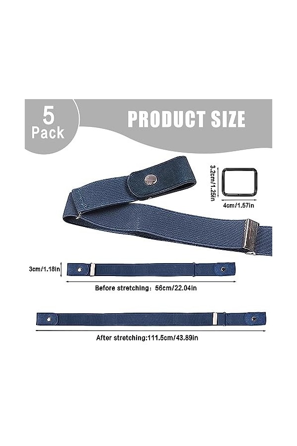 Ceinture Sans Boucle, 5pcs Ceinture Elastiqueo pour Femmes ou Hommes, Bien Faites, Super Elastiques, Solides, Durables, Ceint