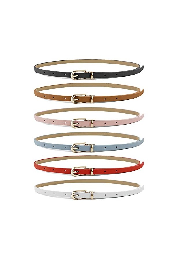 Augoog 6 Pcs Ceinture Femme 1cm de Large et 105 cm de Long,Noir Blanc Rouge Marron Bleu Rose