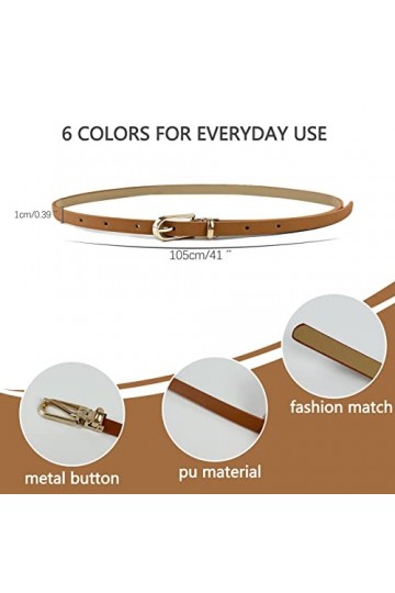 Augoog 6 Pcs Ceinture Femme 1cm de Large et 105 cm de Long,Noir Blanc Rouge Marron Bleu Rose