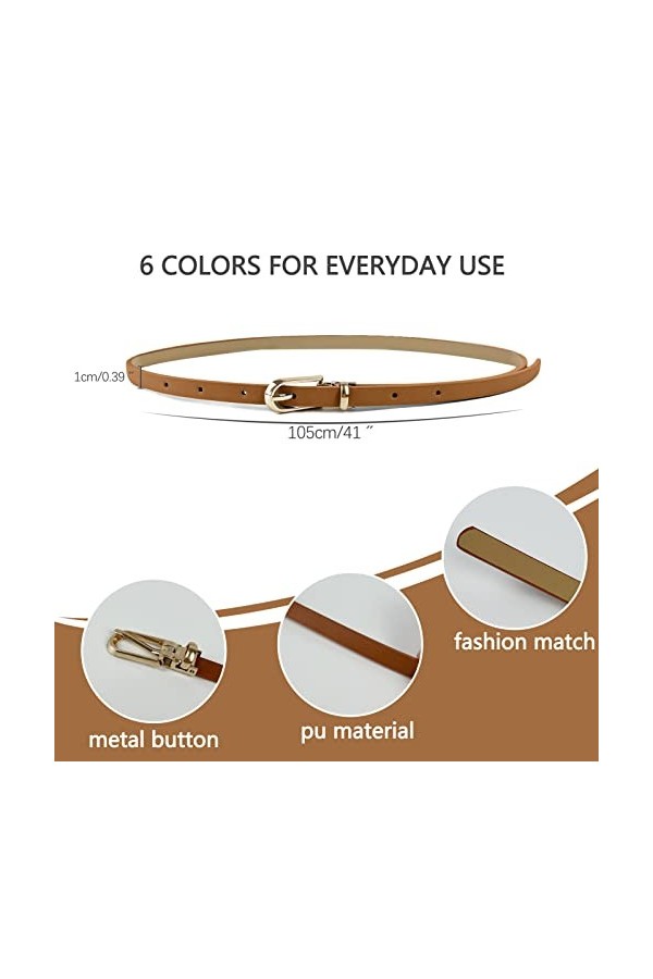 Augoog 6 Pcs Ceinture Femme 1cm de Large et 105 cm de Long,Noir Blanc Rouge Marron Bleu Rose