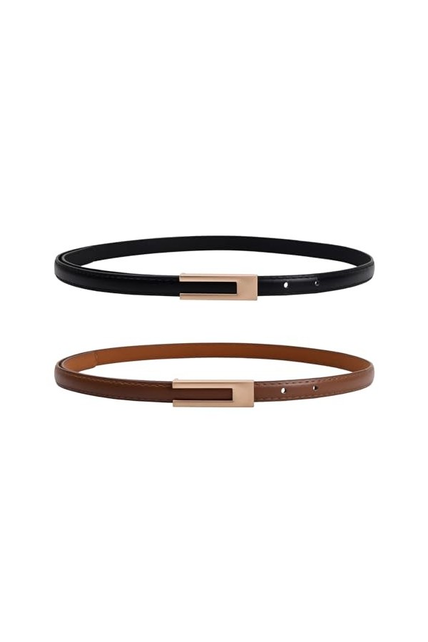 Wisebom Ceintures Fine Cuir Femme Réglable, 2 Pcs Mode Sangle de Taille en Cuir PU avec Boucle en Alliage Doré Classique, Min