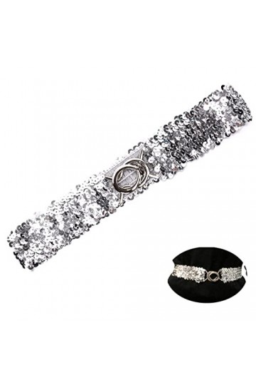 YouU Ceinture élastique pour femme - Avec boucle - Style à paillettes - Ceinture tendance - Pour femme, argenté, 50