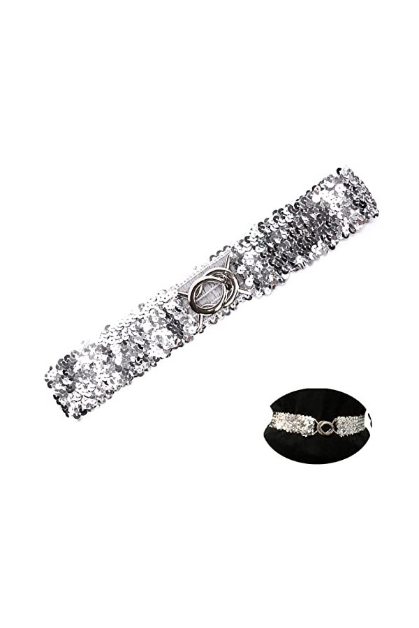 YouU Ceinture élastique pour femme - Avec boucle - Style à paillettes - Ceinture tendance - Pour femme, argenté, 50