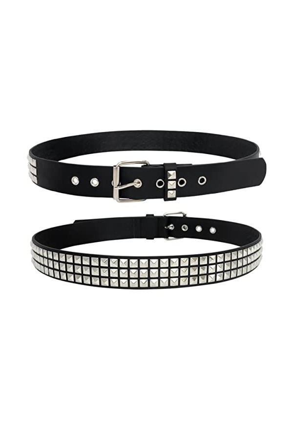 YSTrillion Ceinture à Clous,110CM Ceinture à Double œillet en Cuir PU Punk Ceinture Double Prong Boucle de Ceinture pour Femm