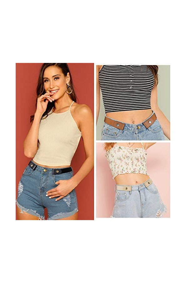 WHIPPY Lot de 3 ceintures élastiques invisibles sans boucle pour femme, 2-noir/café/bleu/beige, taille de pantalon 81/121 cm/