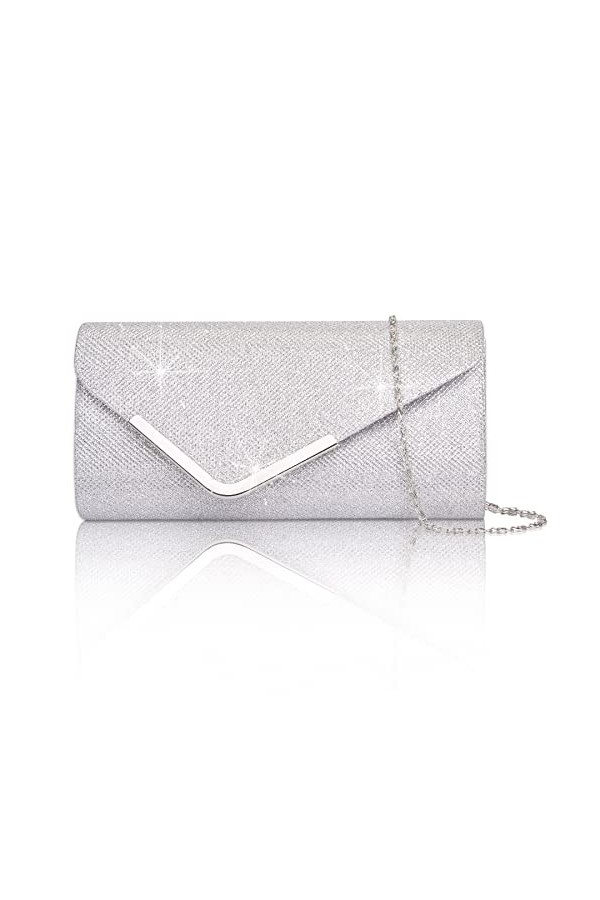 Larcenciel Pochettes Enveloppe et Clutches Femme, Chic Sac à Main Bandoulière de Soirée en Paillettes Brillant Argenté avec C