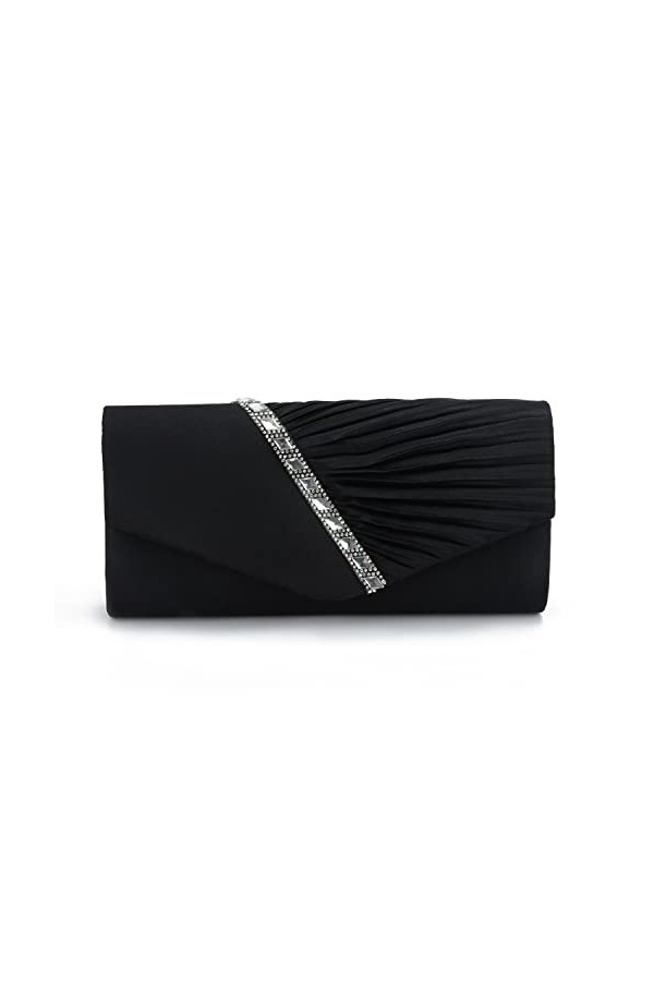 EVEOUT Pochettes et Clutches Sac à Main pour Femme Satin avec Cristal Sac de Soirée Bourse de mariée pour Mariage Noir 