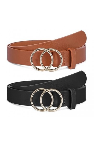 Lot de 2 ceintures en cuir synthétique pour femme avec double boucle torique Taille jusquà 53 pouces - Marron - S/taille 25/