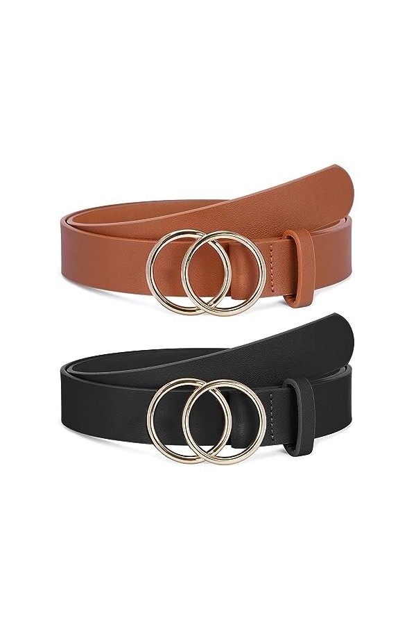 Lot de 2 ceintures en cuir synthétique pour femme avec double boucle torique Taille jusquà 53 pouces - Marron - S/taille 25/