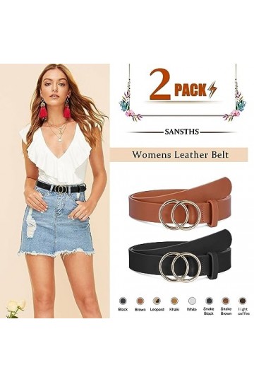 Lot de 2 ceintures en cuir synthétique pour femme avec double boucle torique Taille jusquà 53 pouces - Marron - S/taille 25/