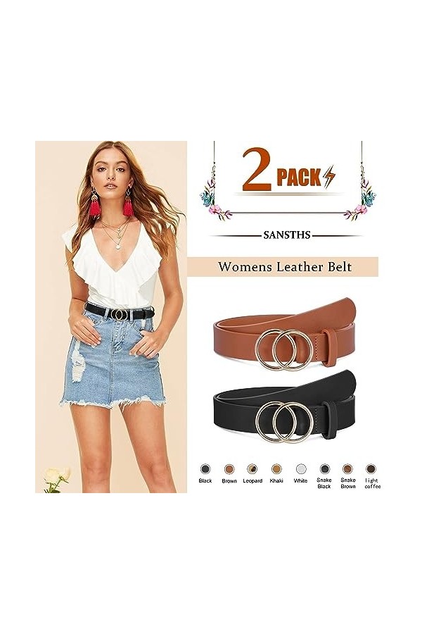 Lot de 2 ceintures en cuir synthétique pour femme avec double boucle torique Taille jusquà 53 pouces - Marron - S/taille 25/