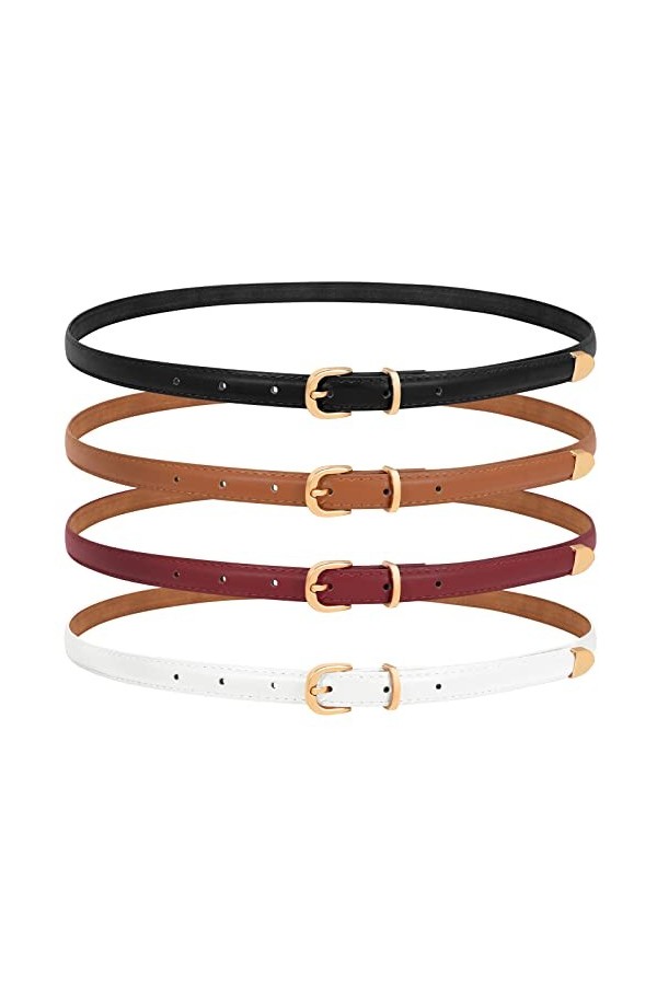SANSTHS Lot de 4 ceintures fines en cuir pour femme avec boucle en alliage doré, E-noir, S:Fits pants size 25"-29"