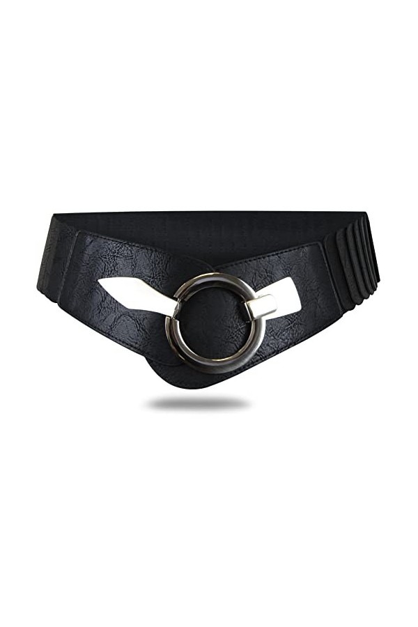 Vanessa & Melissa Ceinture de taille de 6 cm de large ceinture de hanche avec boucle d’anneau argenté, ceinture étirée Noir,
