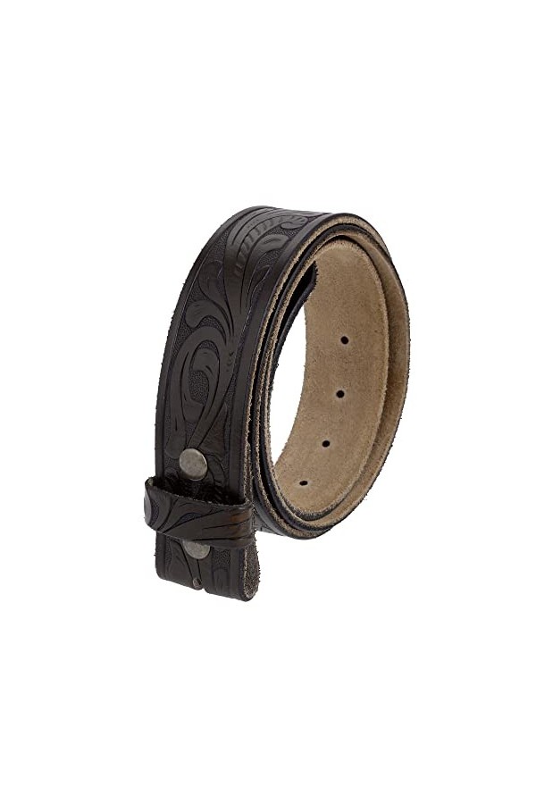 Gelante Sangle de ceinture en cuir pleine fleur véritable sans boucle de ceinture, Marron foncé en relief, Samll 30-32 