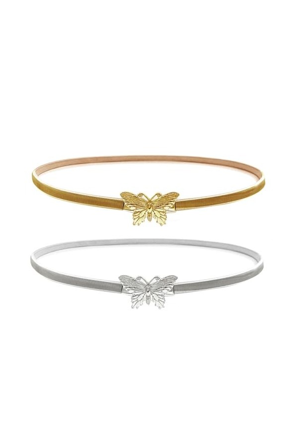 TRADERPLUS 2 Pièces Ceintures femme élégante femme mince ceintures, ceinture métallique élastique femme papillons Rétro avec 
