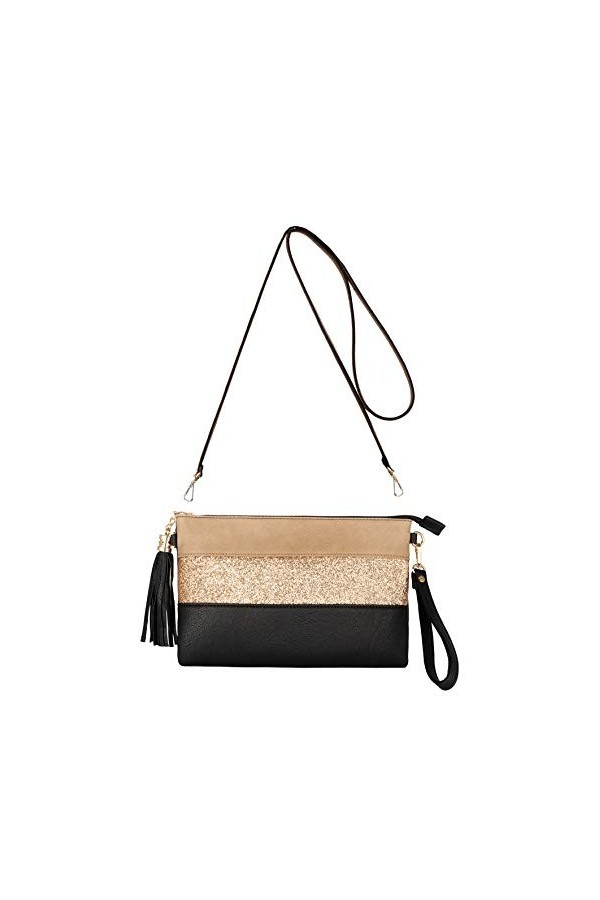 CRAZYCHIC - Sac Bandoulière Paillette Cuir Multicolore Femme - Pochette Soirée Plate Bandes Strass Brillant Souple - Fourre-T