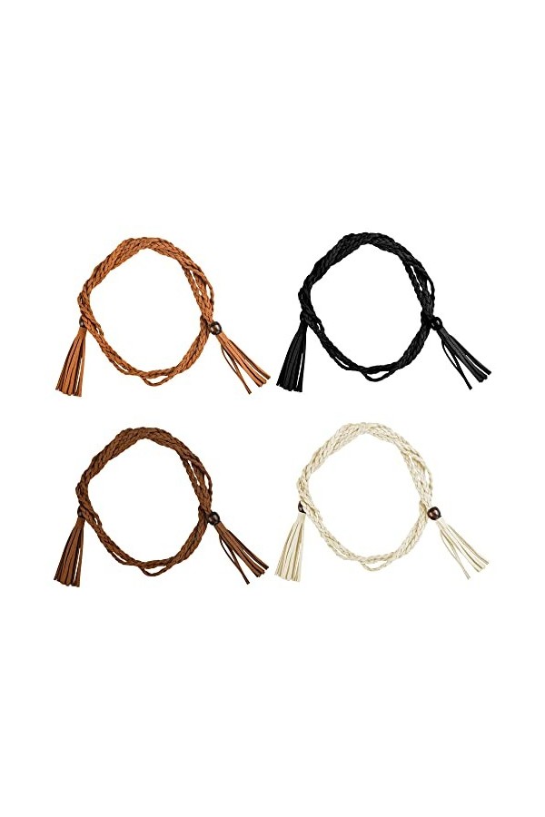 OTTYMO 4 Pcs Ceintures Tressées Femme avec Perle en Bois Ceinture à Nouer en PU Ceinture Femme à Pompons 1,6m de Long Ceintur