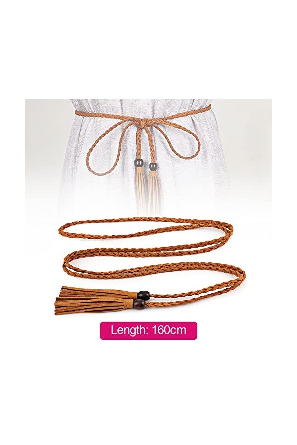 OTTYMO 4 Pcs Ceintures Tressées Femme avec Perle en Bois Ceinture à Nouer en PU Ceinture Femme à Pompons 1,6m de Long Ceintur