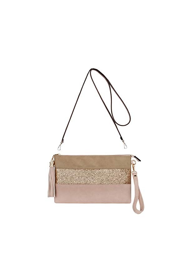 CRAZYCHIC - Sac Bandoulière Paillette Cuir Multicolore Femme - Pochette Soirée Plate Bandes Strass Brillant Souple - Fourre-T