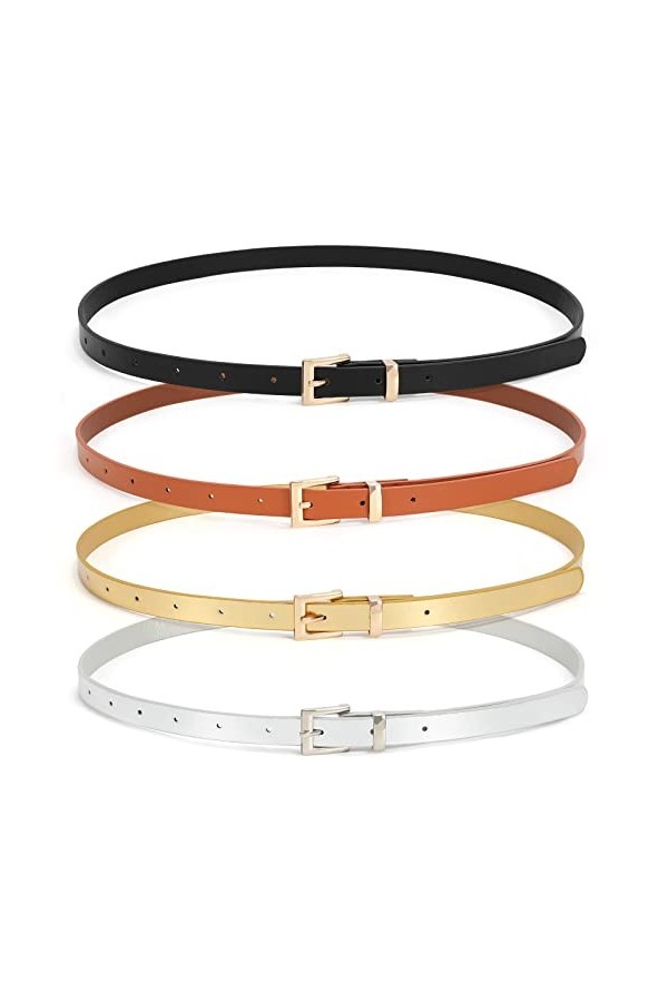 JasGood Lot de 4 ceintures skinny pour femme - En cuir fin - Avec boucle ardillon en alliage - Pour pantalons, jeans et robes