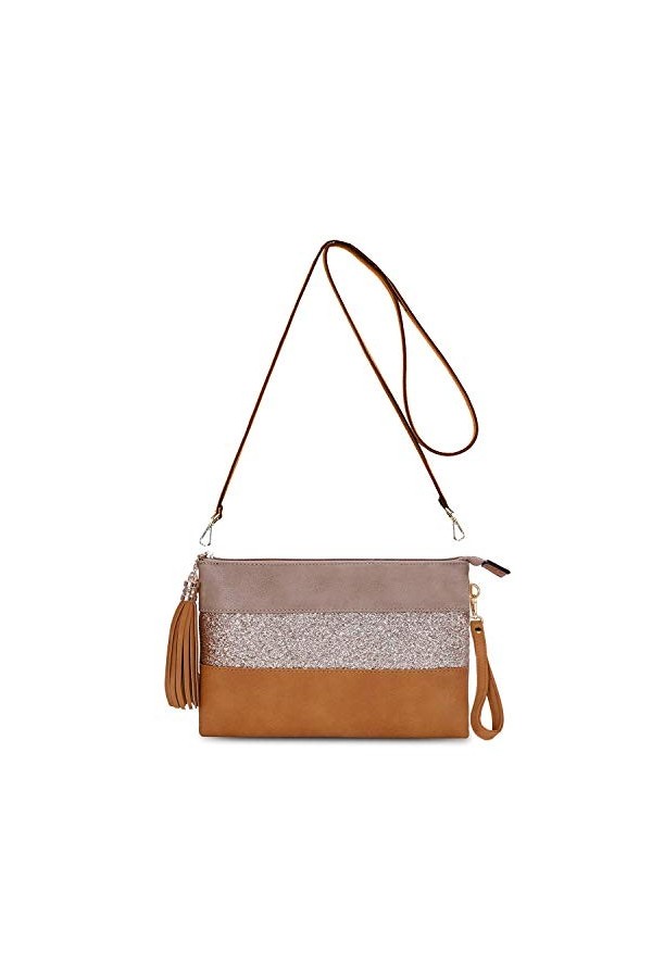 CRAZYCHIC - Sac Bandoulière Paillette Cuir Multicolore Femme - Pochette Soirée Plate Bandes Strass Brillant Souple - Fourre-T