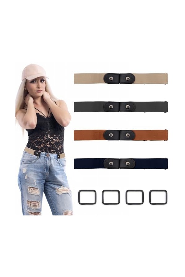 Yeria 4 Pièces Ceinture Elastique Femme Ajustable Sans Boucle Invisible Ceintures Femme pour Jeans Pantalons Jupes pour Homme