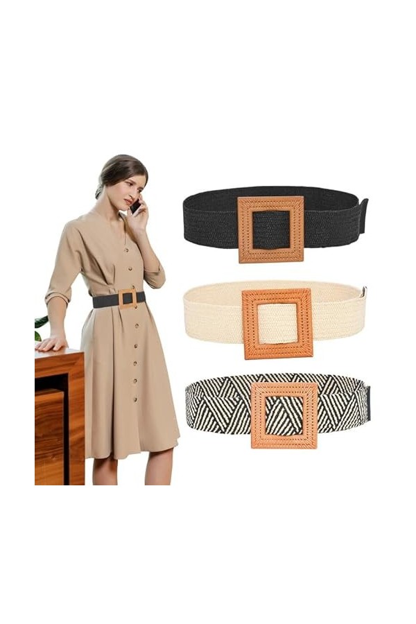 EUPSIIU 3 Pièces Ceinture en Paille Tissée Femme Unisexe Réglable Élastique Ceinture Bohème Vintage Plage Ceinture en Extensi