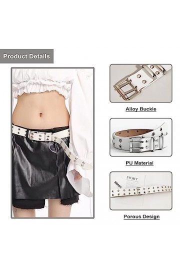 Ceintures en cuir PU à œillets Y2K Punk Ceinture de taille réglable Ceinture Rock Niche Design ceinture pour femmes, BLANC, w