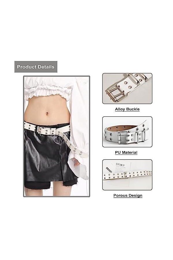 Ceintures en cuir PU à œillets Y2K Punk Ceinture de taille réglable Ceinture Rock Niche Design ceinture pour femmes, BLANC, w