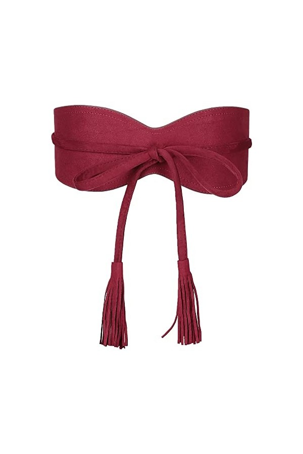 Elerevyo Ceinture à pompons en daim synthétique pour femme, style vintage, nœud papillon, ceinture Obi pour robe, rouge vin, 