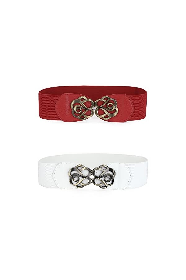 Allegra K Ceintures élastiques pour femmes Ceintures élastiques à boucle à emboîtement en métal Blanc rouge