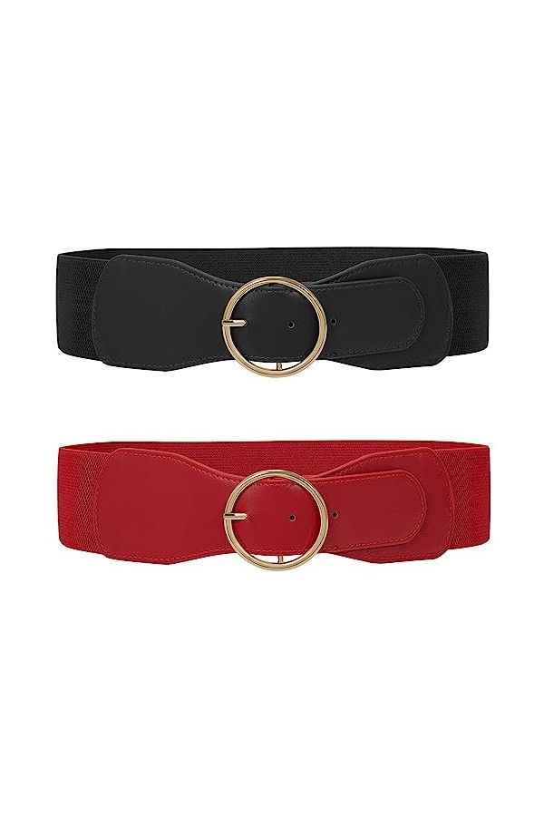 WERFORU Lot de 2 ceintures élastiques pour femme - Vintage - Large ceinture pour robe - Tendance - Cinq extensible, D-noir+ro