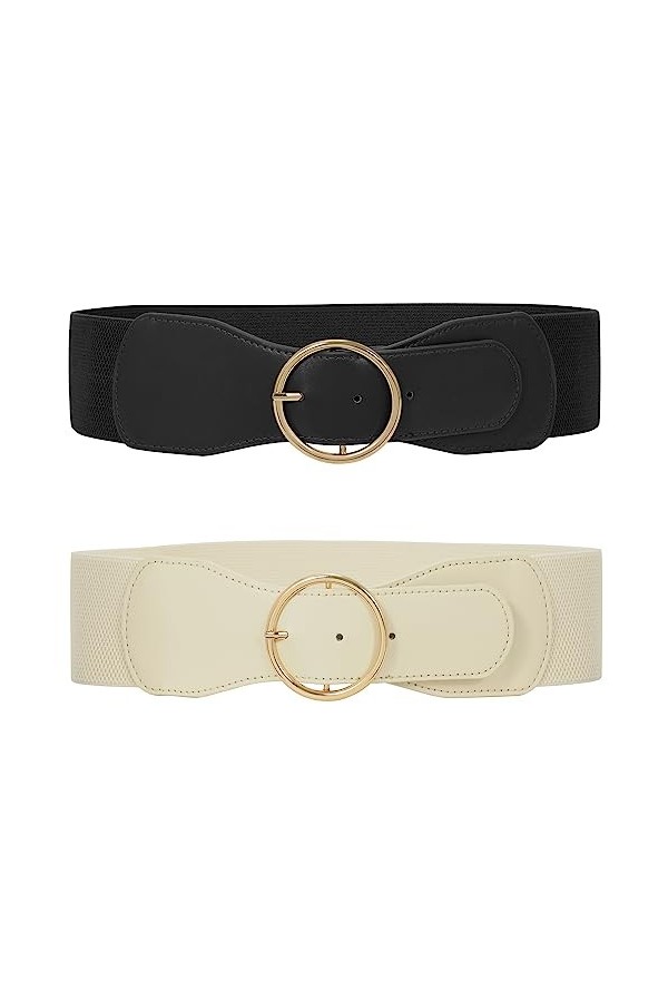 WERFORU Lot de 2 ceintures élastiques pour femme - Vintage - Large ceinture pour robe - Tendance - Cinq extensible, D-noir+ro