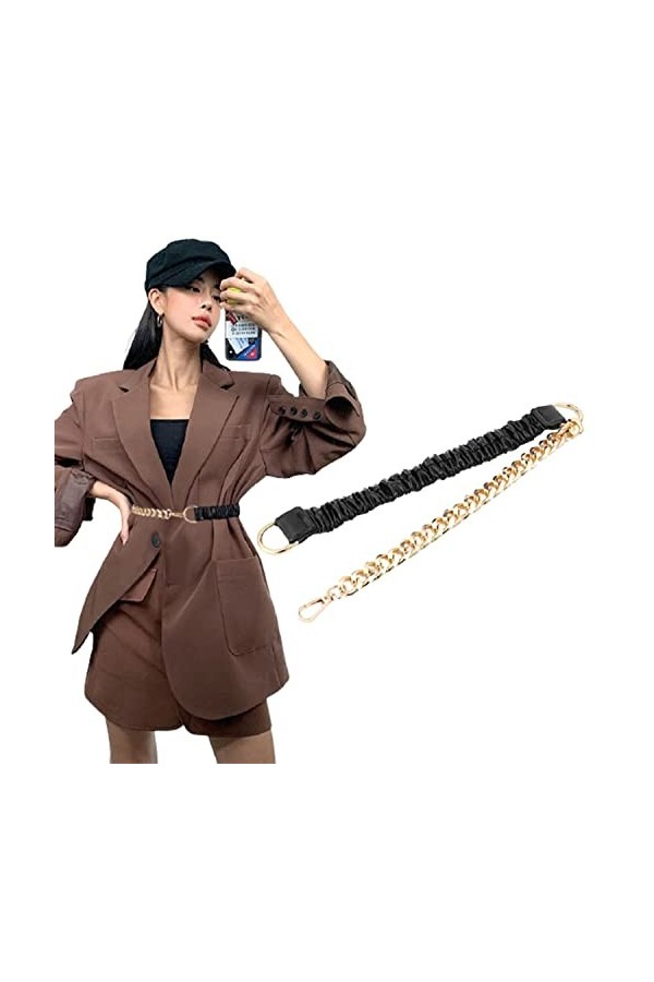 Longwu Chaîne de taille tissée extensible en métal pour femmes, bande élastique en cuir réglable avec chaîne en métal, ceintu