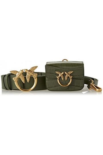 Pinko Cinerus H4 Belt VIT.seta+Cuir Ceinture, X67q_Vert Bouteille-Antique Gold, L Femme
