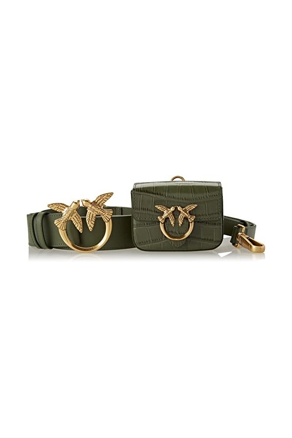 Pinko Cinerus H4 Belt VIT.seta+Cuir Ceinture, X67q_Vert Bouteille-Antique Gold, L Femme