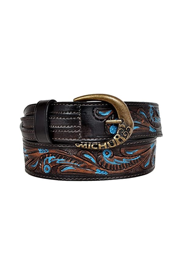 Ceinture en cuir MICHUR Luis pour homme, ceinture en cuir pour homme, ceinture en cuir, marron avec des accents bleus et un b