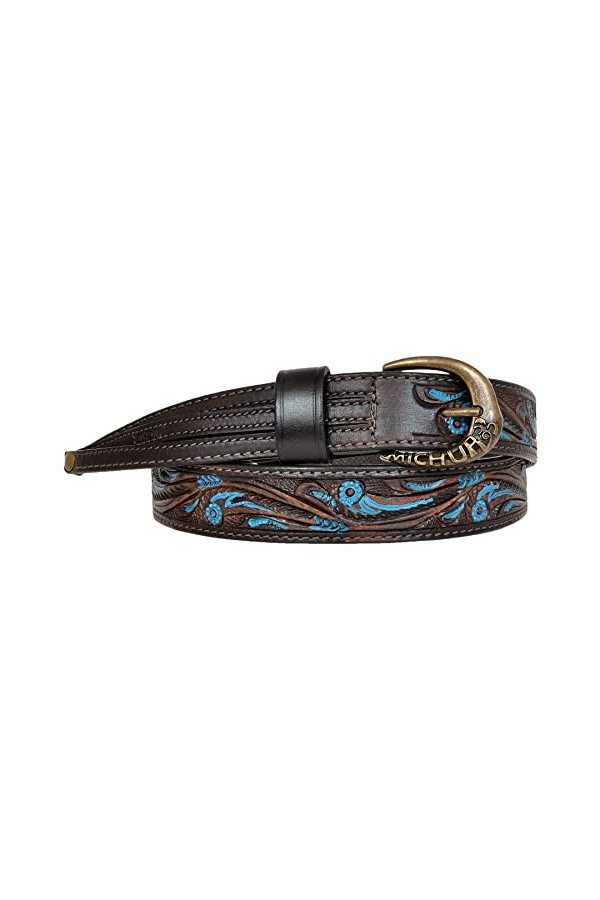 Ceinture en cuir MICHUR Luis pour femme, ceinture en cuir pour femme, ceinture en cuir, marron avec des accents bleus et un b