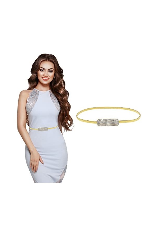 Cobee Ceinture élastique fine en métal doré pour femme avec chaîne en métal fin et strass avec strass