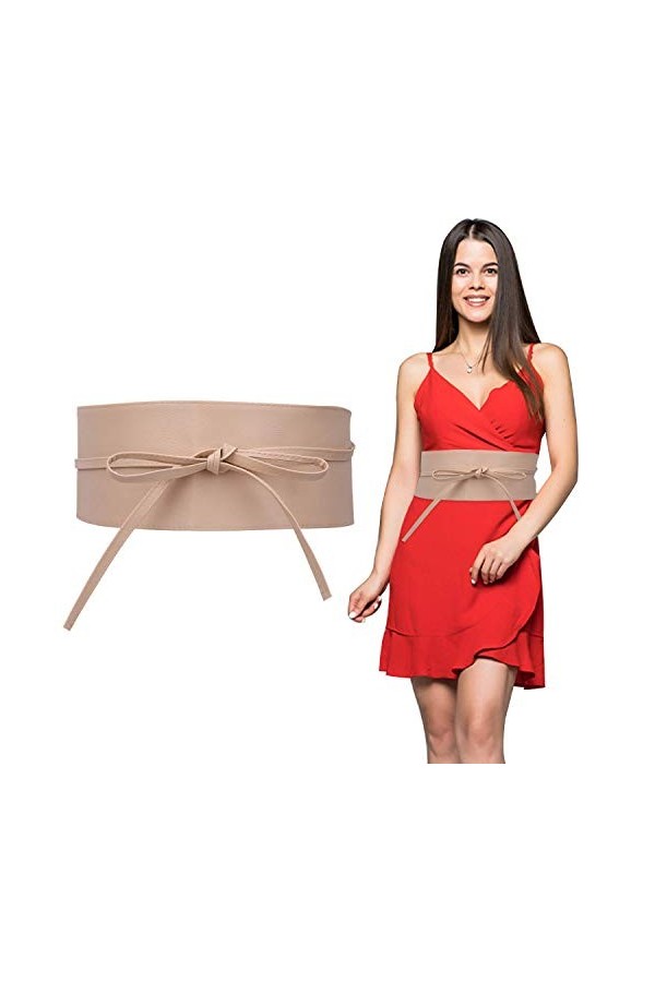 Trimming Shop Ceinture Obi en cuir synthétique souple pour femme avec nœud papillon - 95 mm de large - Noir -