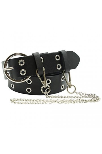 Ro Rox Reign Gothique Goth Grunge Punk Ceinture de PU avec Boucle Ronde et Chaîne - Noir