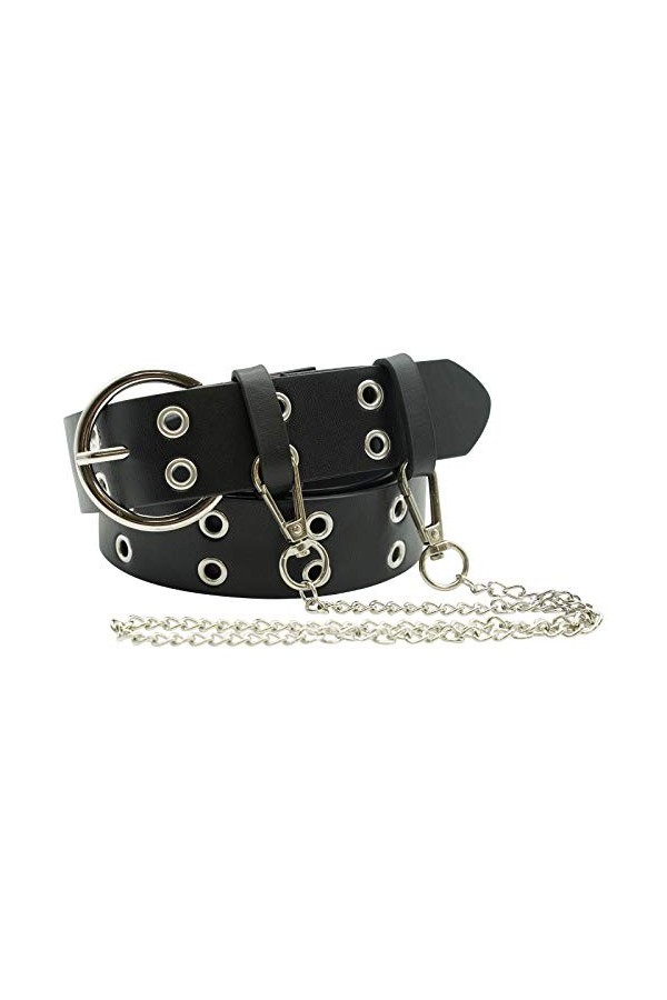 Ro Rox Reign Gothique Goth Grunge Punk Ceinture de PU avec Boucle Ronde et Chaîne - Noir