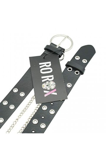 Ro Rox Reign Gothique Goth Grunge Punk Ceinture de PU avec Boucle Ronde et Chaîne - Noir