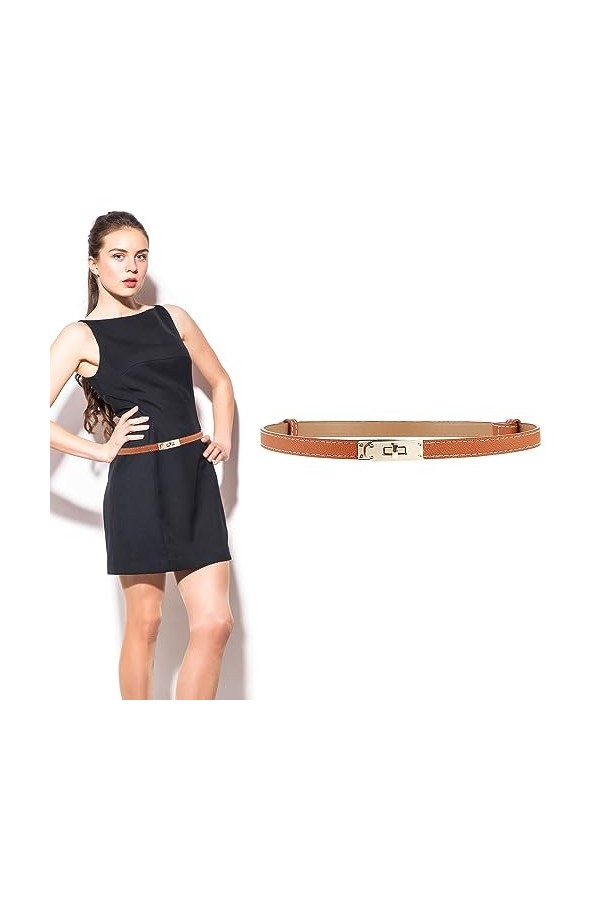 WLLHYF Ceinture fine réglable en cuir marron avec boucle en alliage doré pour femmes, accessoires de vêtements pour jupes, je